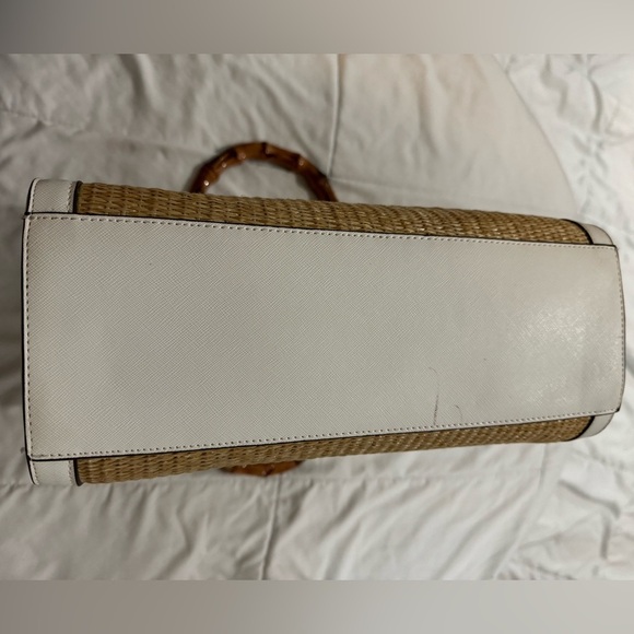Liz Claiborne Tan White Wooden Handle Raffia Look Purse bag Euro Summer Classic - Picture 3 of 16